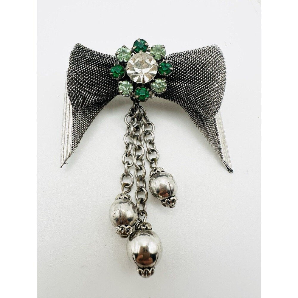Vintage Rhinestone Brooch Pin Retro Art Deco Tassel Green Estate
